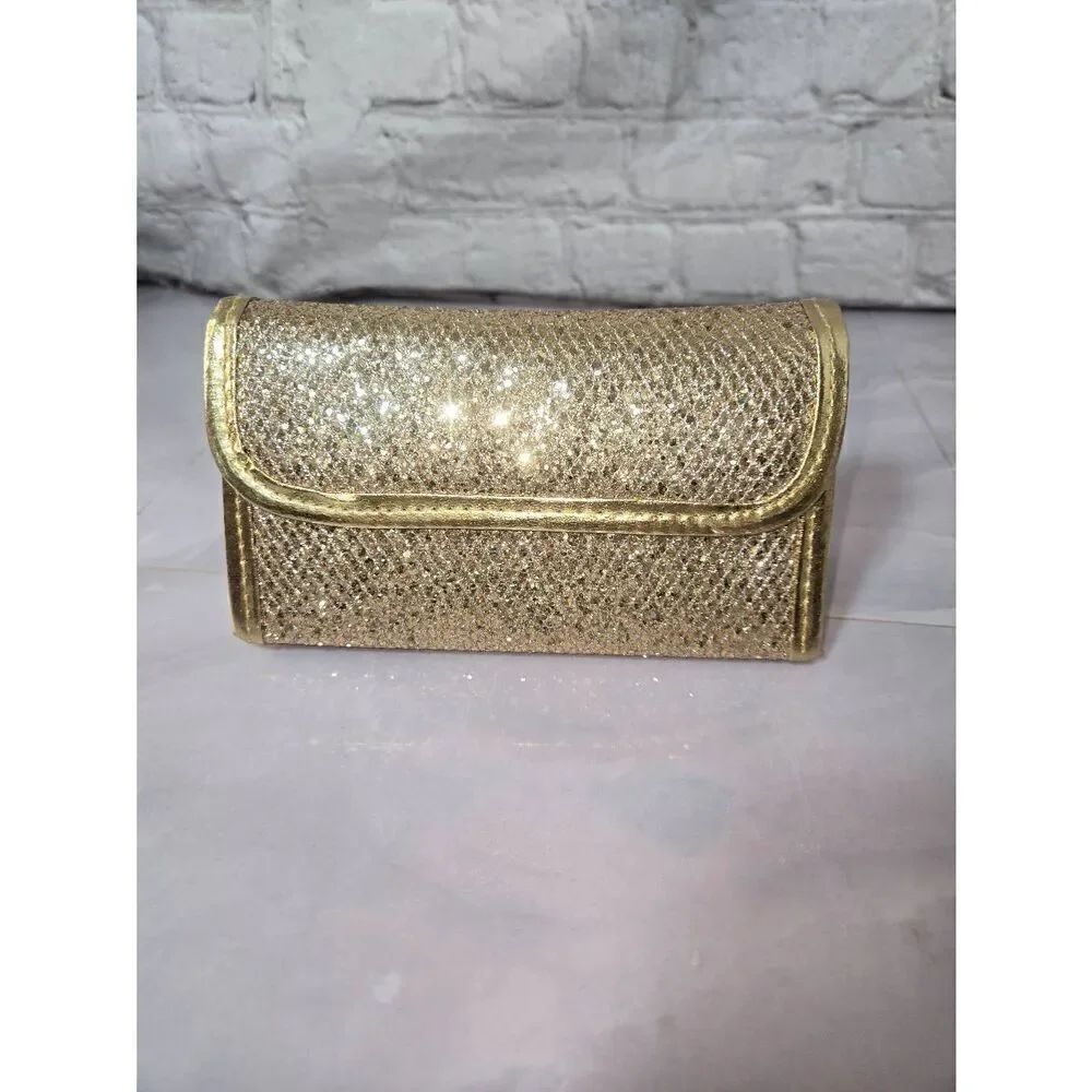 Womens Gold Sequined Travel Makeup And Grooming Accessories Case.